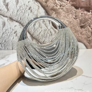 Luxury Silver Acrylic Clutch Bag. Exquisite Diamond Tassel Decorated